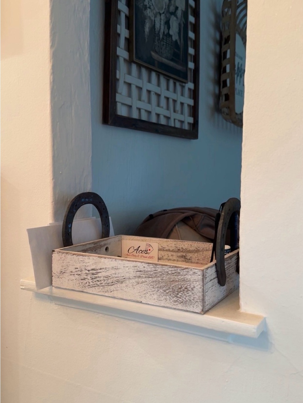 Rustic Farmhouse Whitewashed Wooden Tray with Horseshoe Handles